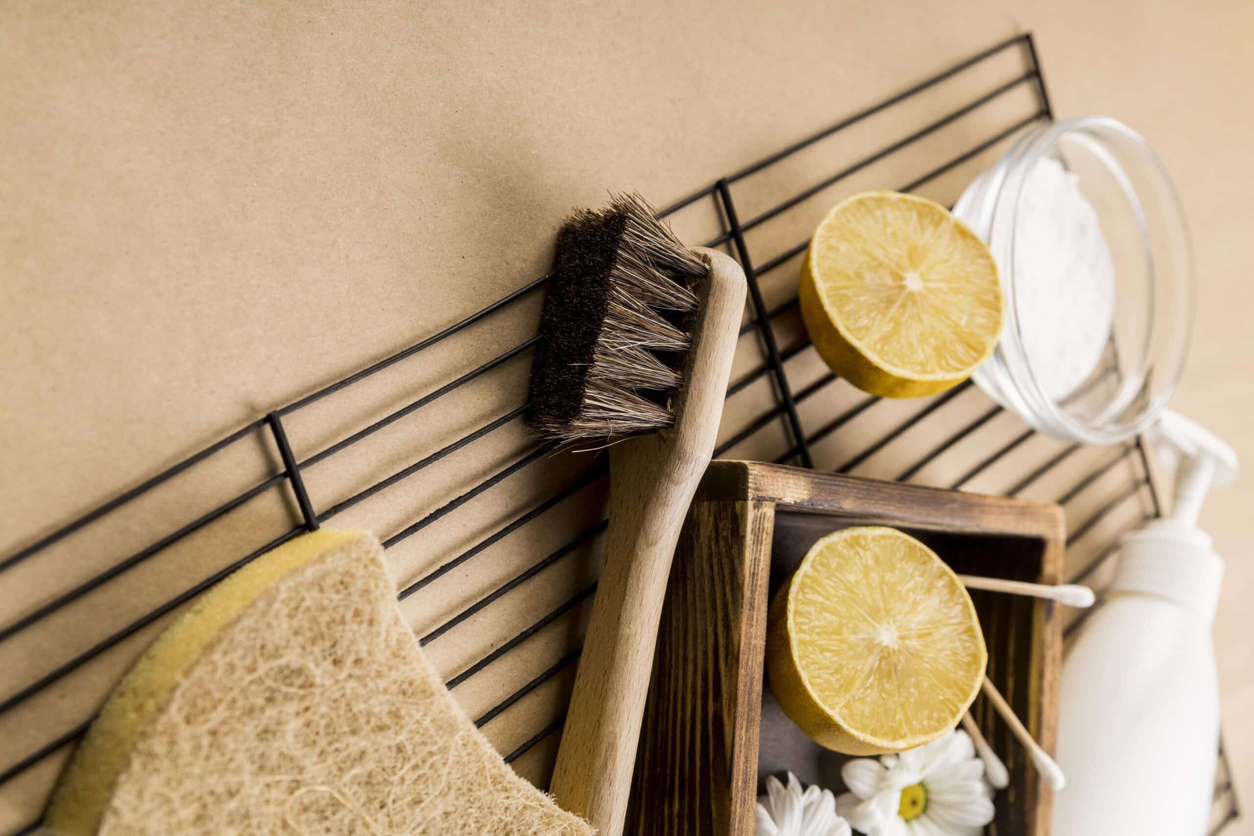 Ingrédients naturels de nettoyage (citron, bicarbonate) et accessoires écoresponsables pour prendre contact avec la Soussou Academy.