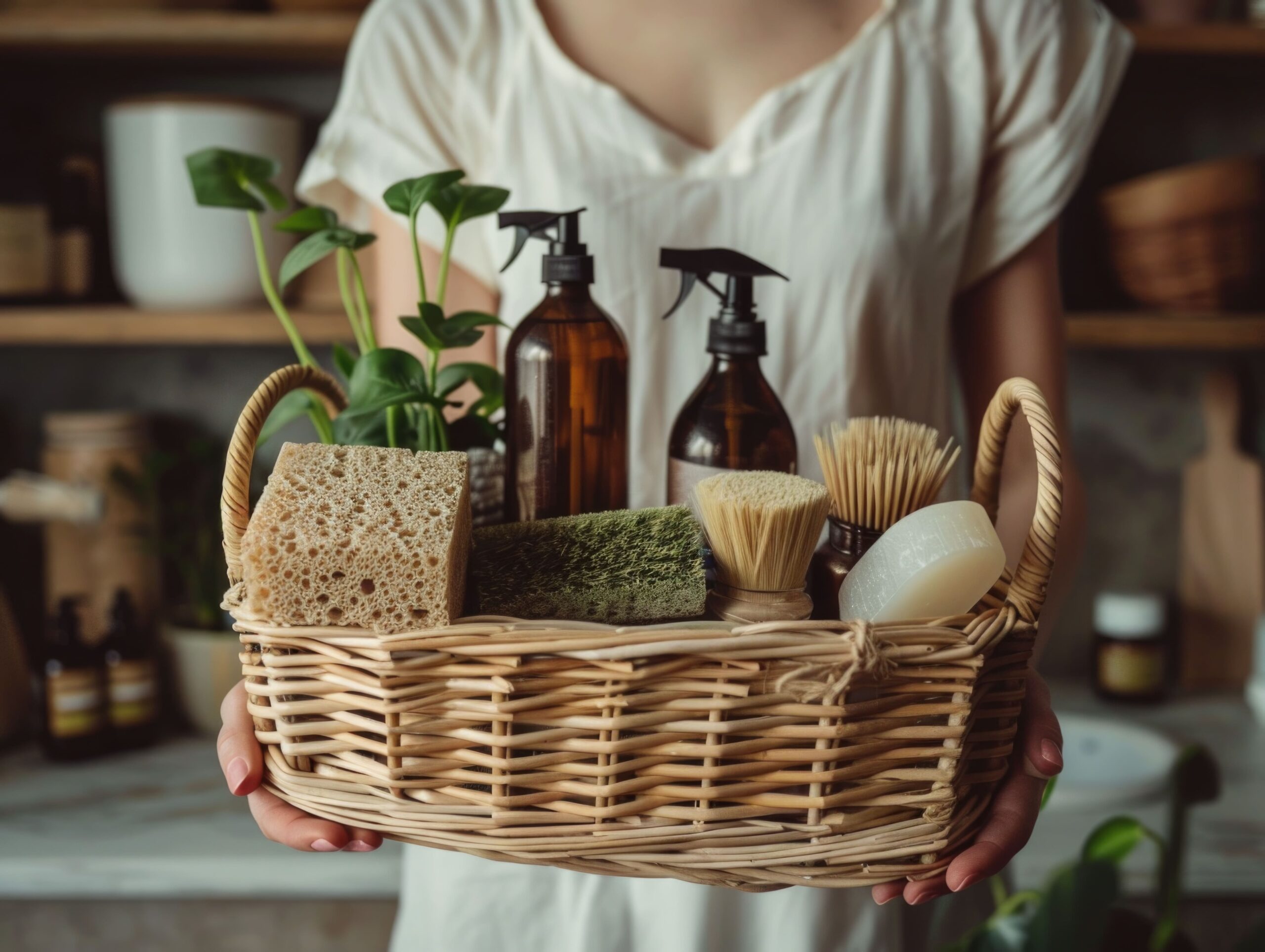 Gros plan sur Souad Romero portant un t-shirt blanc et tenant une caisse en bois contenant le kit de nettoyage écologique de la Soussou Academy, incluant bouteilles en verre, éponges et brosses, sur fond de cuisine.
